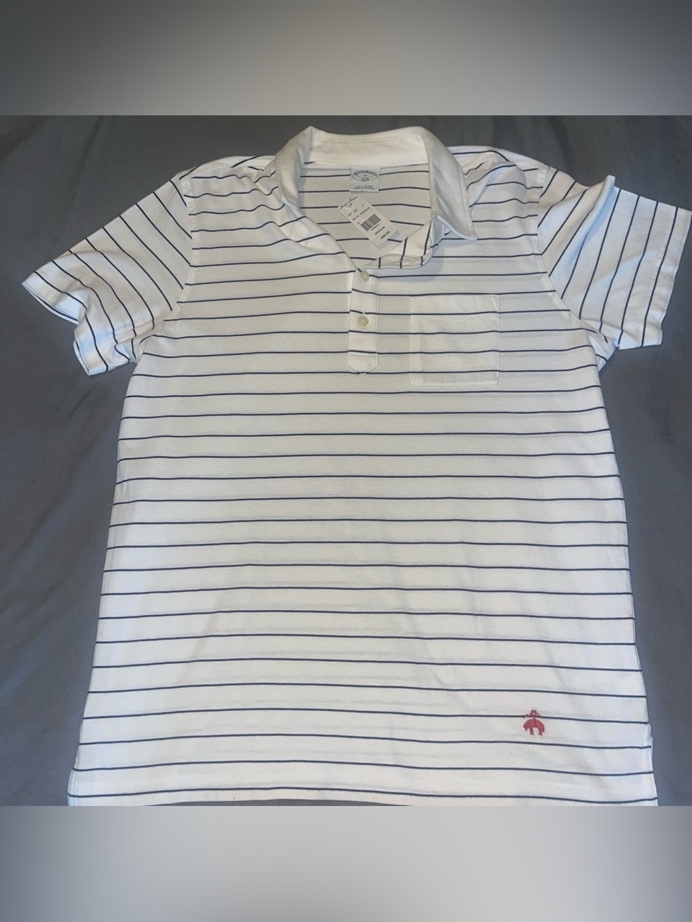 Brooks Brothers Men's White Polo Shirt with Navy Stripes and Red Accent